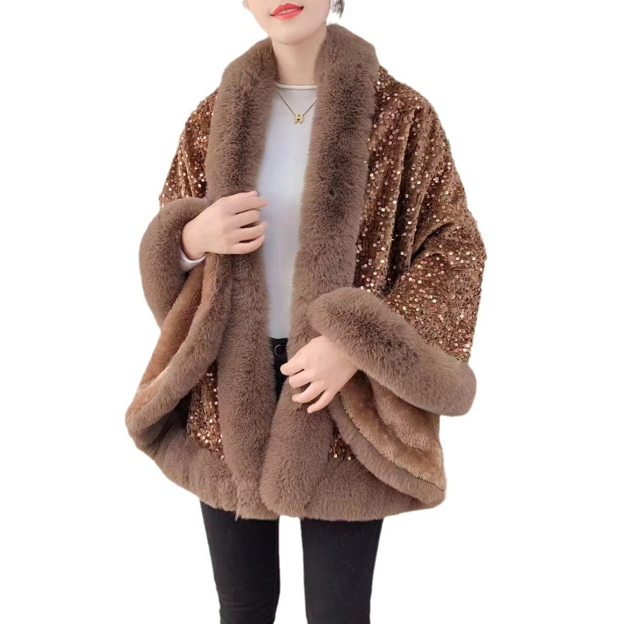 Fleece-Lined Thicken Big Fur Collar Sequined Shawl