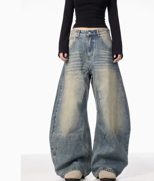 American Retro Washed Distressed Loose Wide-Leg Jeans