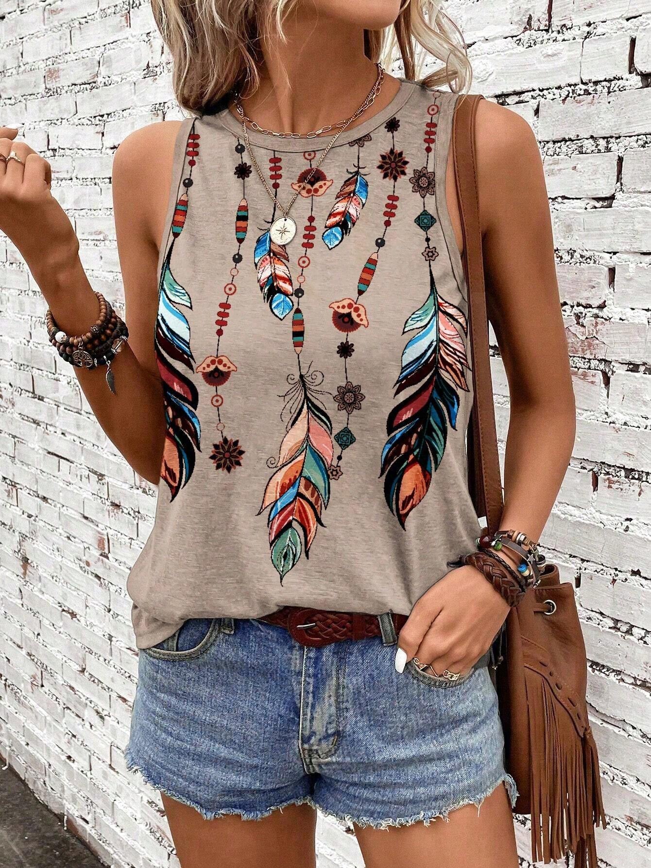 Women'S Feather Print Vest Summer Print