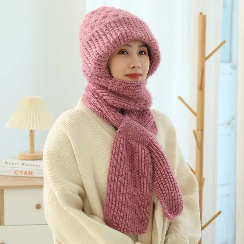 Women'S Fleece-Lined Scarf And Hat Knitted Hat