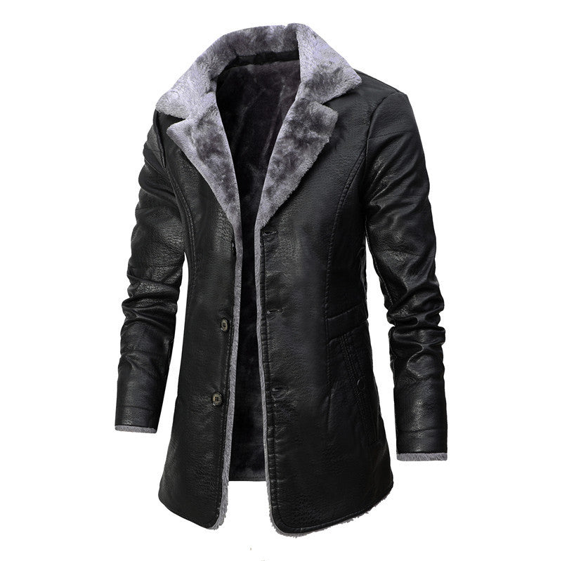 Lapel Leather Jacket Fleece Single-Breasted Coat For