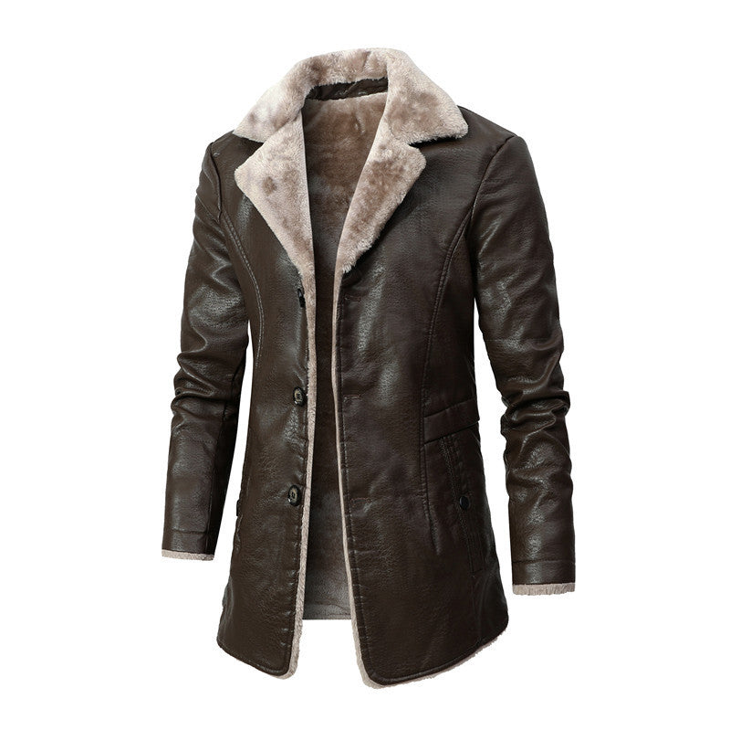 Lapel Leather Jacket Fleece Single-Breasted Coat For