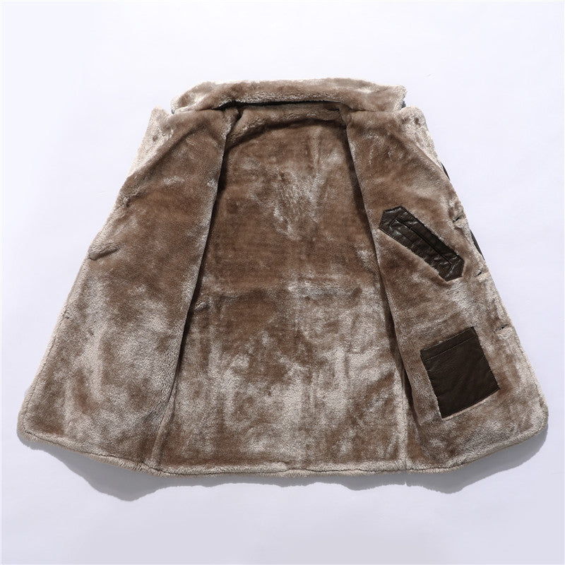 Lapel Leather Jacket Fleece Single-Breasted Coat For