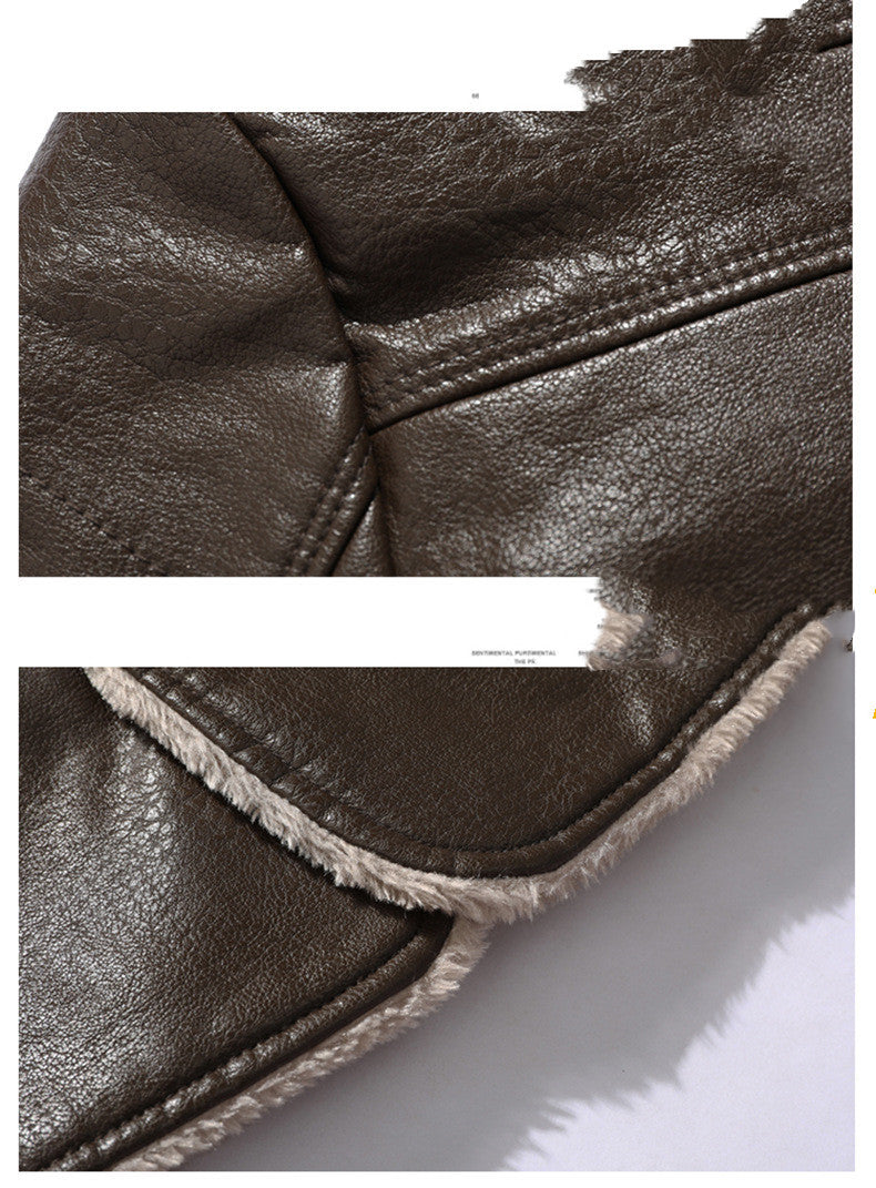 Lapel Leather Jacket Fleece Single-Breasted Coat For