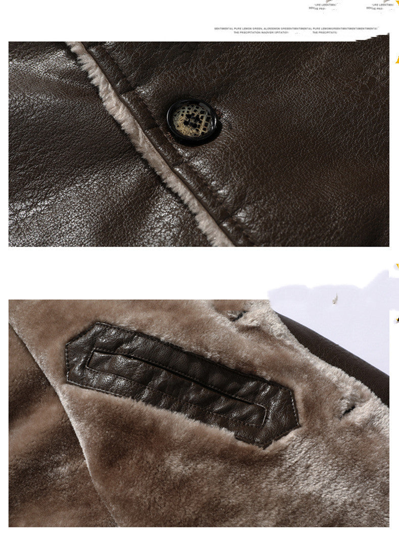 Lapel Leather Jacket Fleece Single-Breasted Coat For