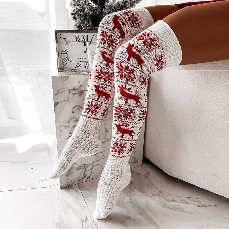 Christmas Knitted Women Stocking Beautiful Elk Snowflake