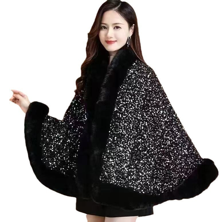 Fleece-Lined Thicken Big Fur Collar Sequined Shawl