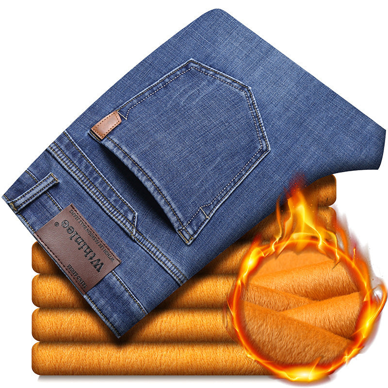 Jeans Men'S Straight Loose Casual Pants Fleece-Lined