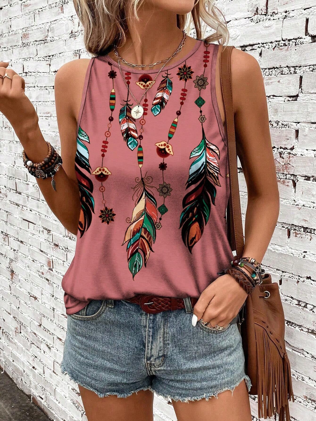 Women'S Feather Print Vest Summer Print