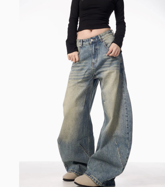 American Retro Washed Distressed Loose Wide-Leg Jeans
