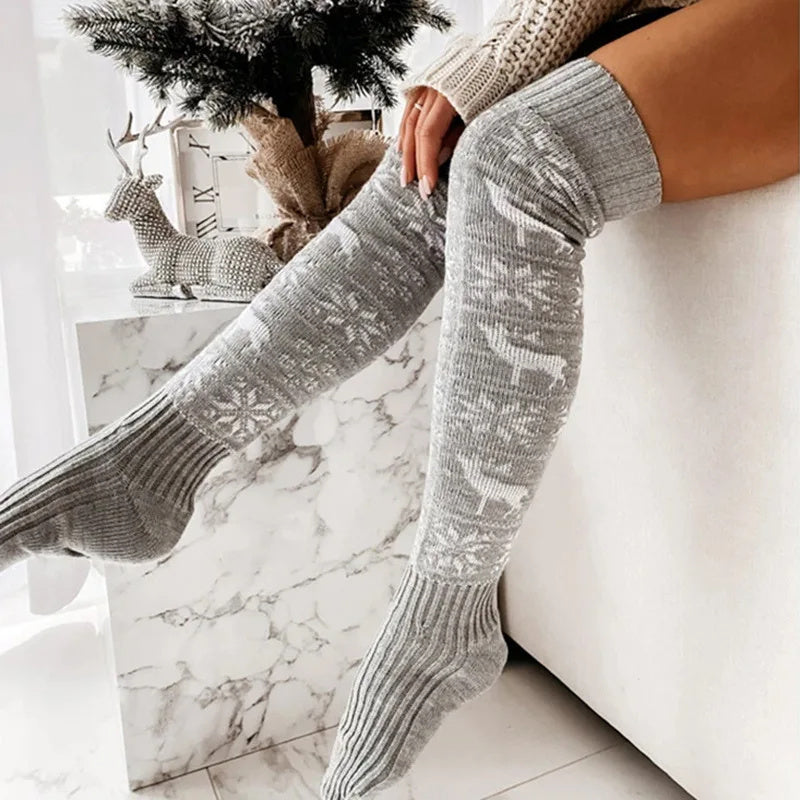 Christmas Knitted Women Stocking Beautiful Elk Snowflake