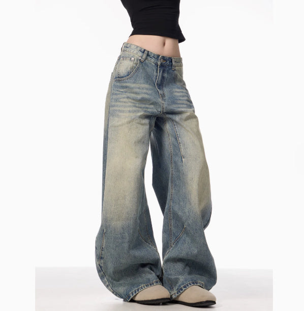 American Retro Washed Distressed Loose Wide-Leg Jeans
