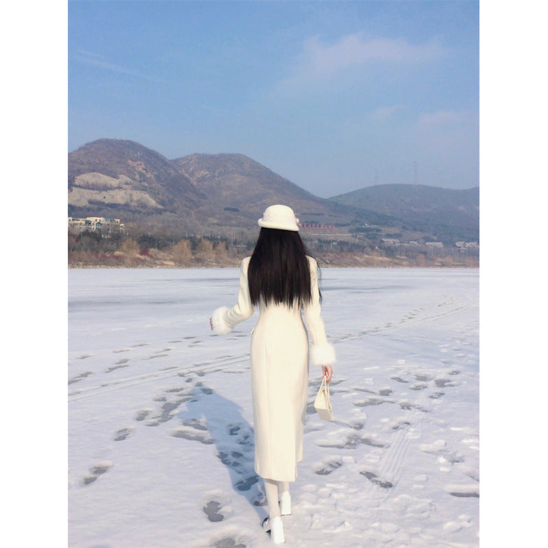 Waist-Tight Mid-Length Woolen Overcoat For Women