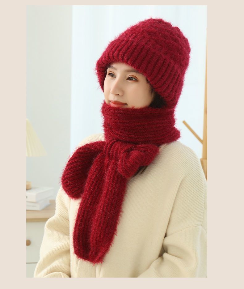 Women'S Fleece-Lined Scarf And Hat Knitted Hat