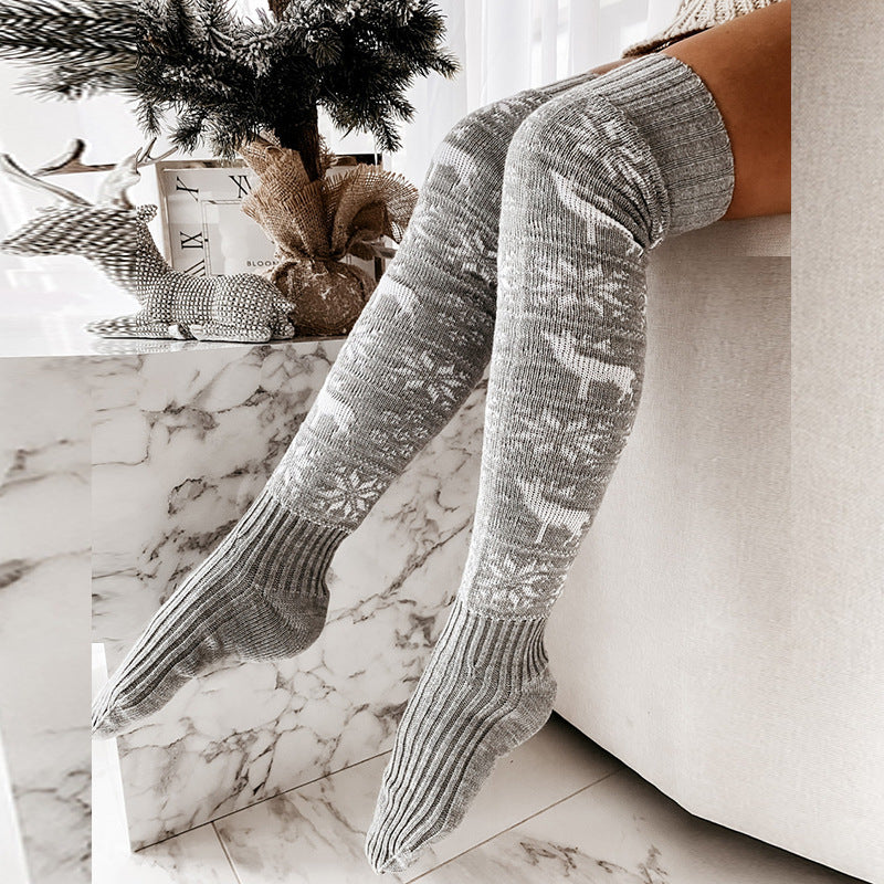 Christmas Knitted Women Stocking Beautiful Elk Snowflake