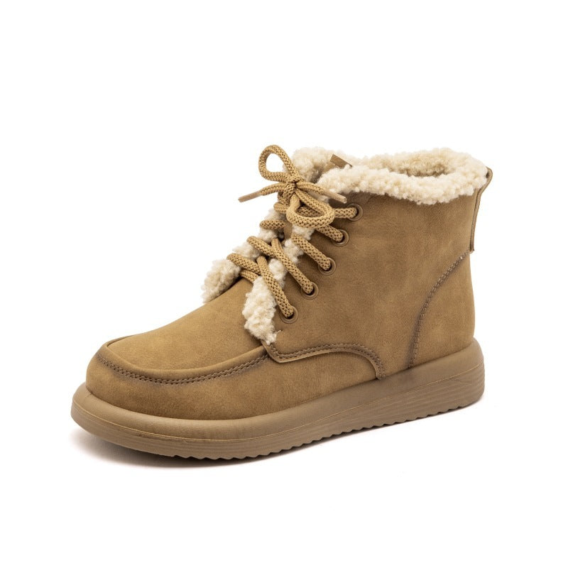 Lace-Up Plush Snow Boots Warm Fleece Flat