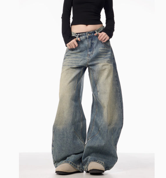 American Retro Washed Distressed Loose Wide-Leg Jeans