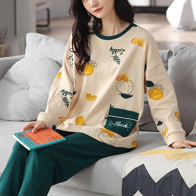 Loose Print Pajamas Women Autumn Pyjama Set
