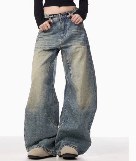 American Retro Washed Distressed Loose Wide-Leg Jeans
