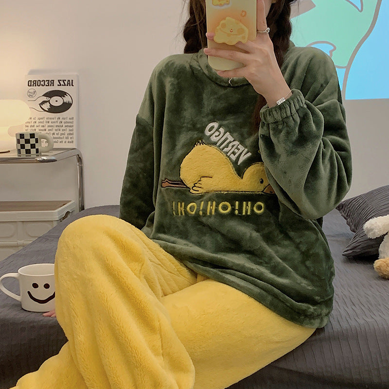 刺繍入り厚手ドローストリングコーラルベルベットパジャマ女の子