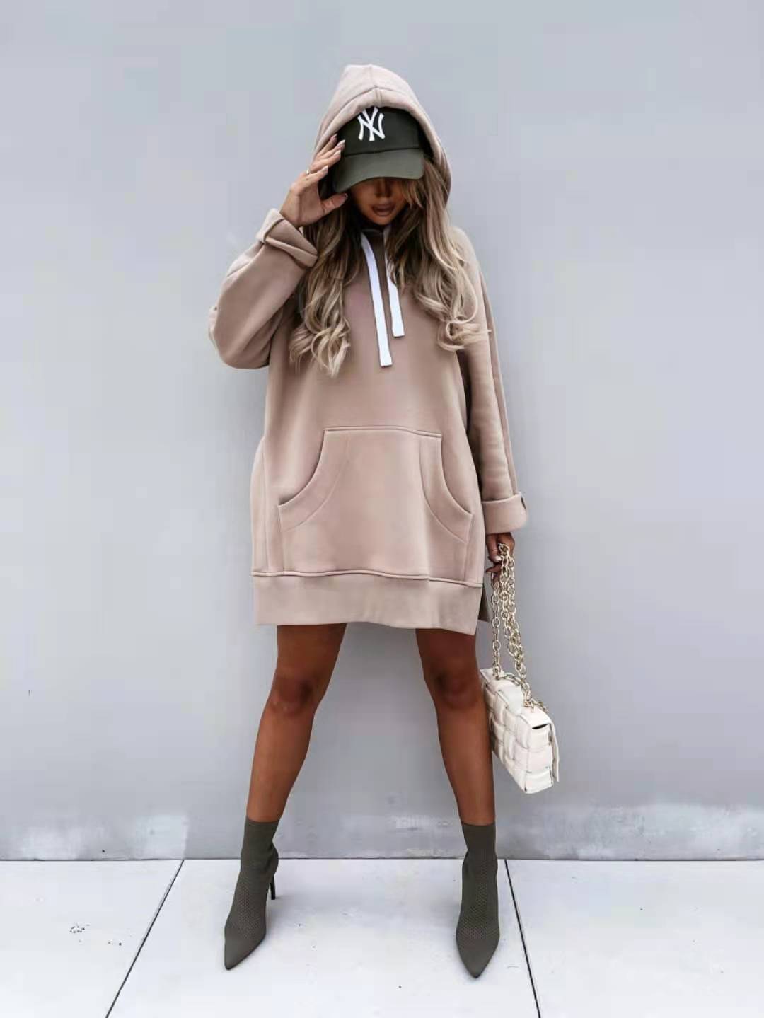 Women'S Solid Color Hooded Mid-Length Sweater