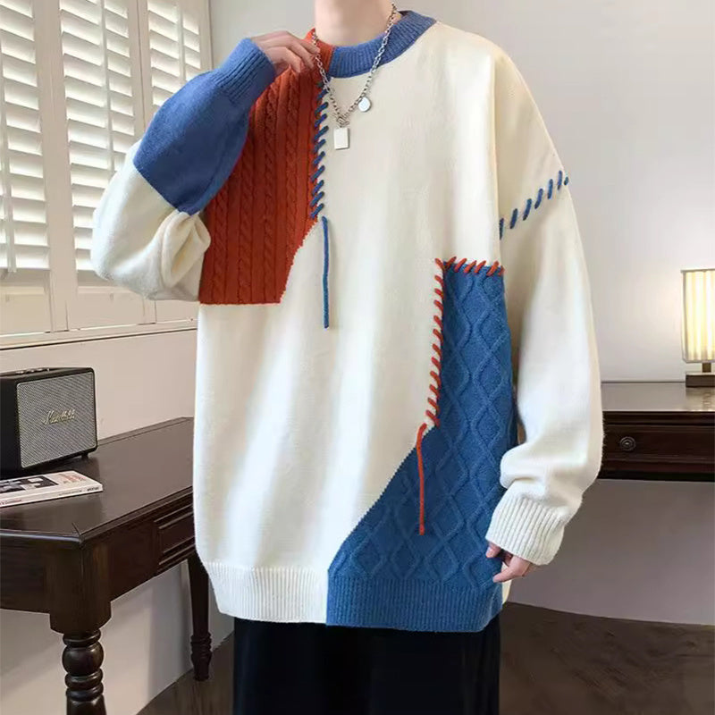 カラーブロックプルオーバーセータースリーブトップスメンズウェア