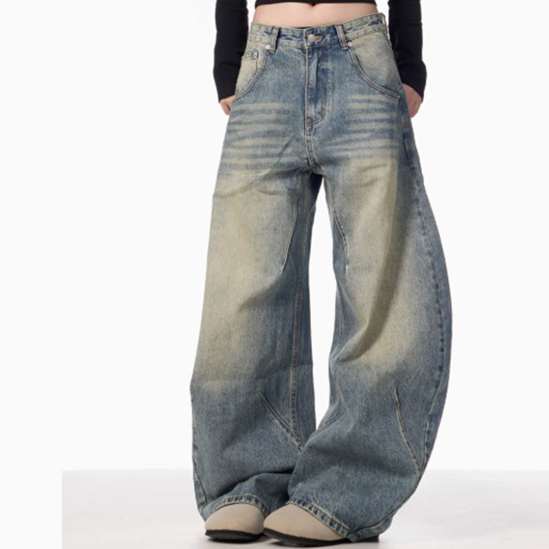 American Retro Washed Distressed Loose Wide-Leg Jeans