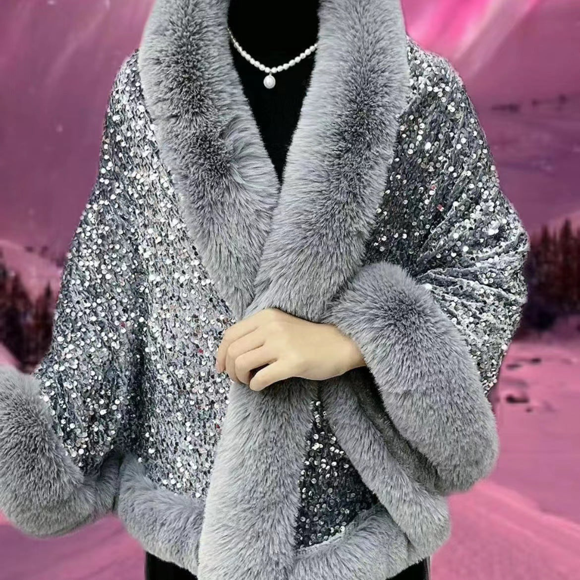 Fleece-Lined Thicken Big Fur Collar Sequined Shawl