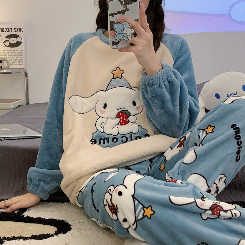 刺繍入り厚手ドローストリングコーラルベルベットパジャマ女の子