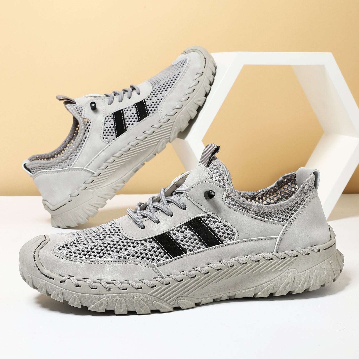 Plus Size Sewed Cowhide Mesh Korean Men'S