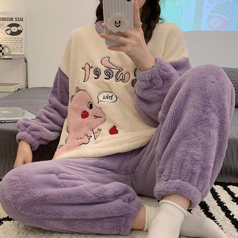刺繍入り厚手ドローストリングコーラルベルベットパジャマ女の子