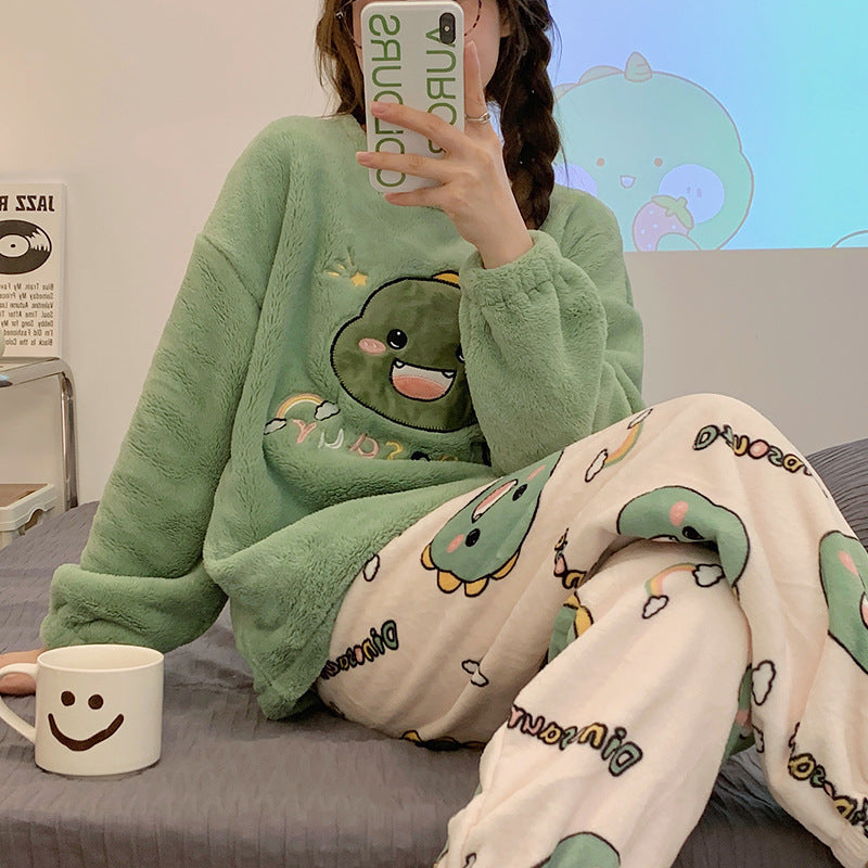 刺繍入り厚手ドローストリングコーラルベルベットパジャマ女の子