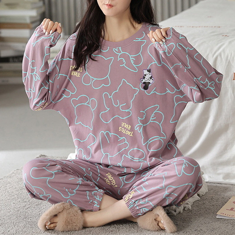 Loose Print Pajamas Women Autumn Pyjama Set