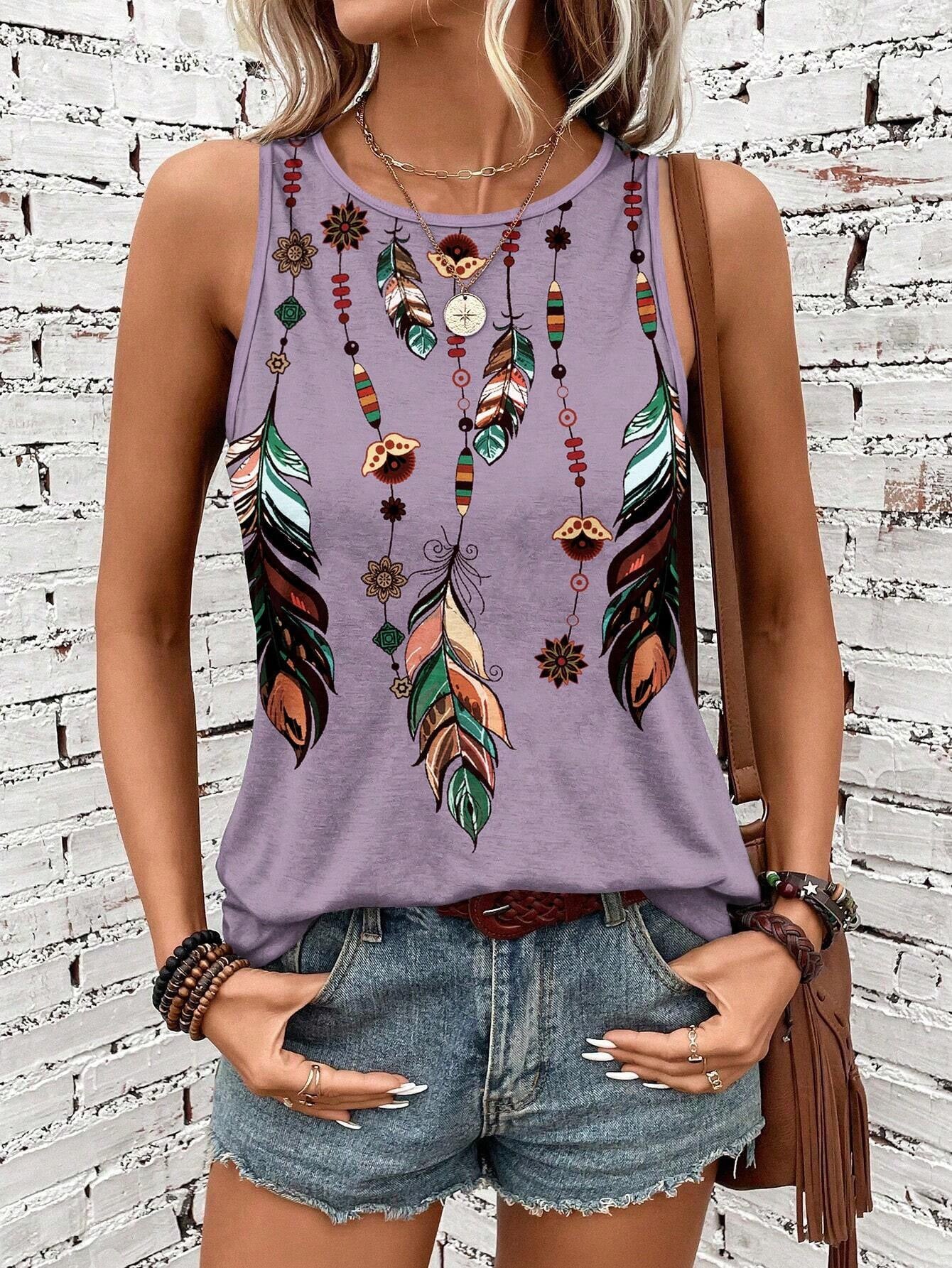 Women'S Feather Print Vest Summer Print