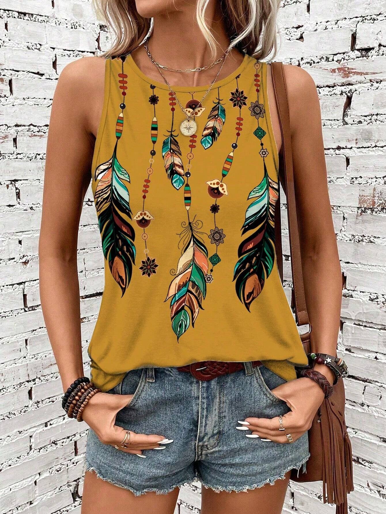 Women'S Feather Print Vest Summer Print