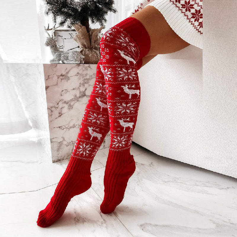 Christmas Knitted Women Stocking Beautiful Elk Snowflake