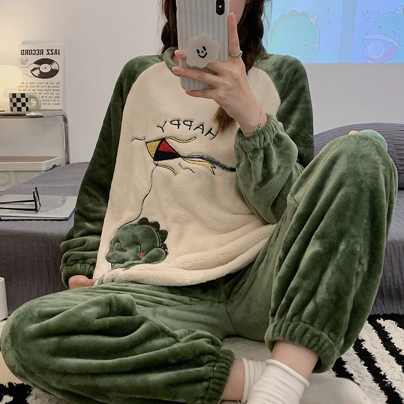 刺繍入り厚手ドローストリングコーラルベルベットパジャマ女の子