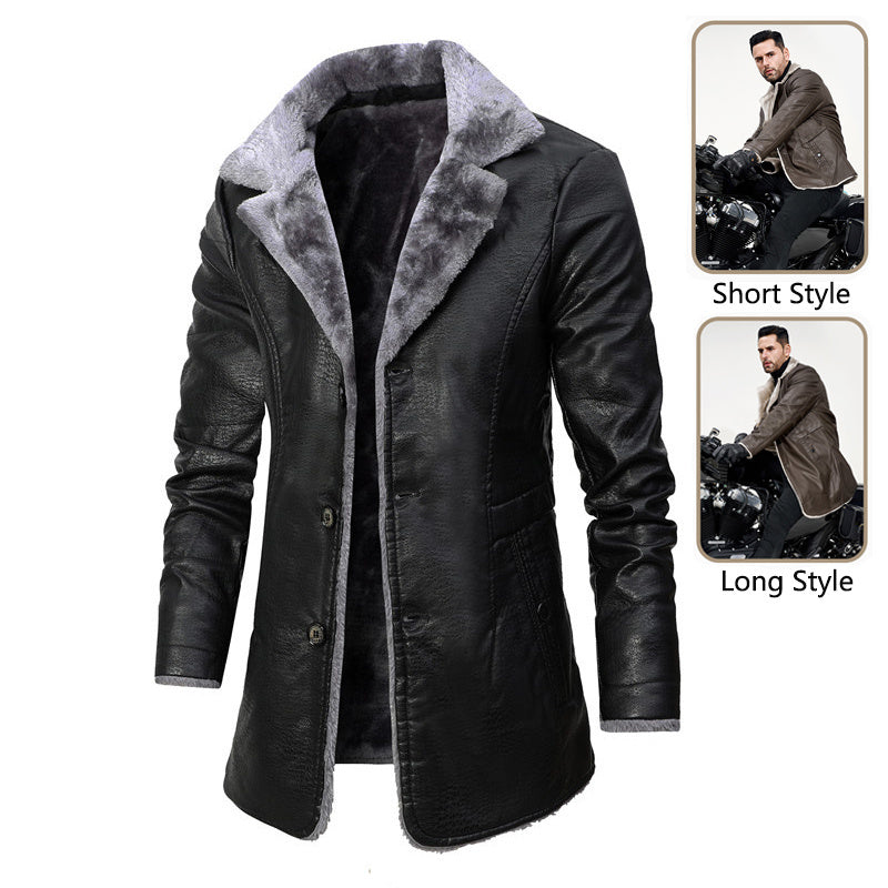 Lapel Leather Jacket Fleece Single-Breasted Coat For