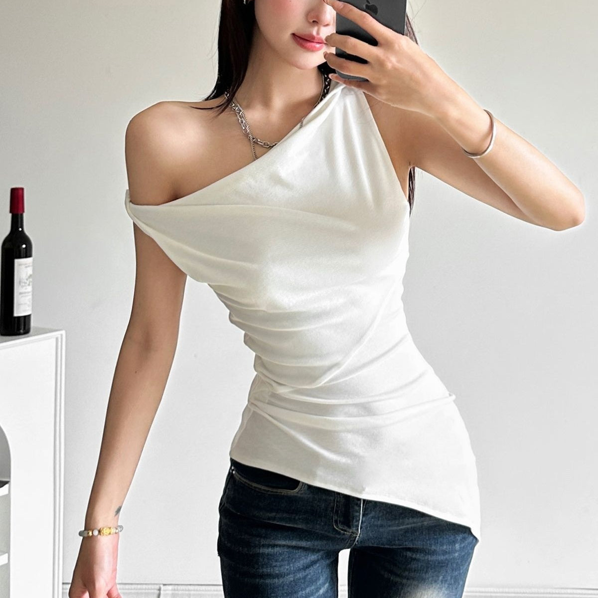 Women'S Multi-Wear Collarbone Thin Shoulder T-Shirt Summer