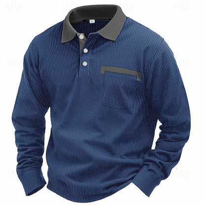 Men'S Long-Sleeved Waffle Polo Shirt Top