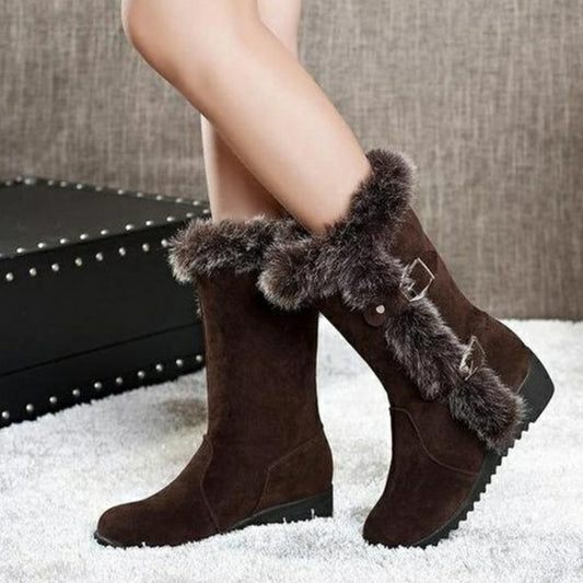 Brown Warm Fur Mid-Calf Boots Shoes Slip-On