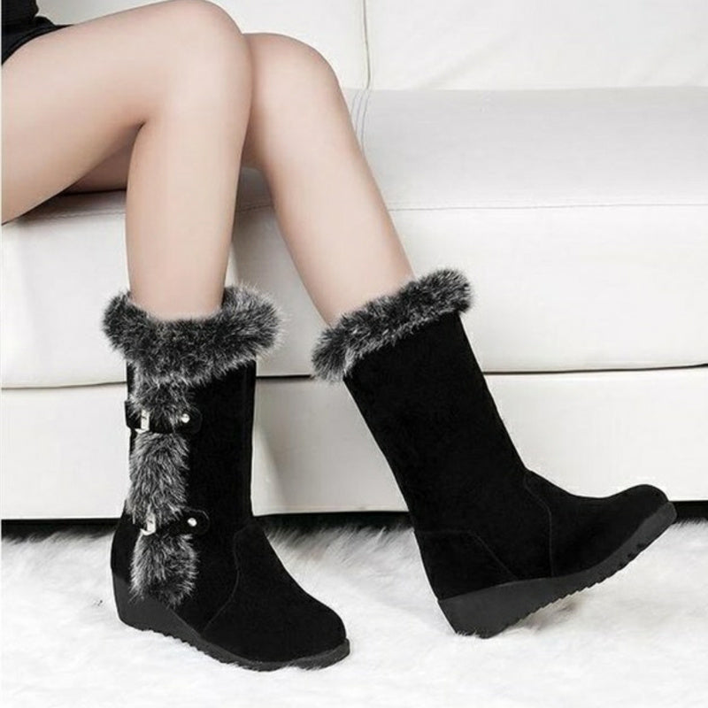 Brown Warm Fur Mid-Calf Boots Shoes Slip-On