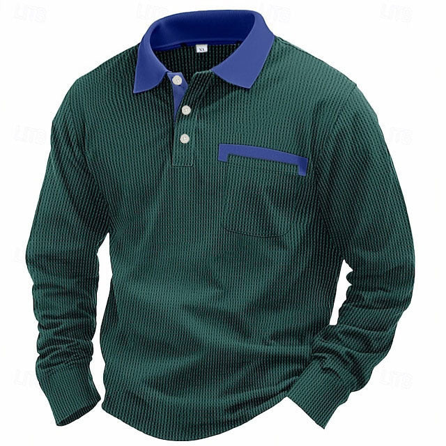 Men'S Long-Sleeved Waffle Polo Shirt Top