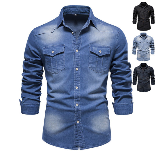 Men'S Long-Sleeved Denim Shirt Casual Solid Button