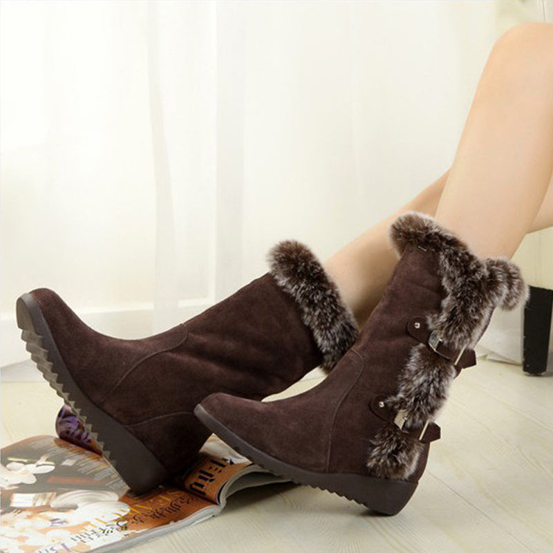 Brown Warm Fur Mid-Calf Boots Shoes Slip-On