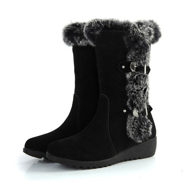 Brown Warm Fur Mid-Calf Boots Shoes Slip-On