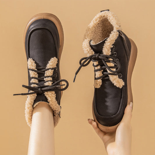 Lace-Up Plush Snow Boots Warm Fleece Flat