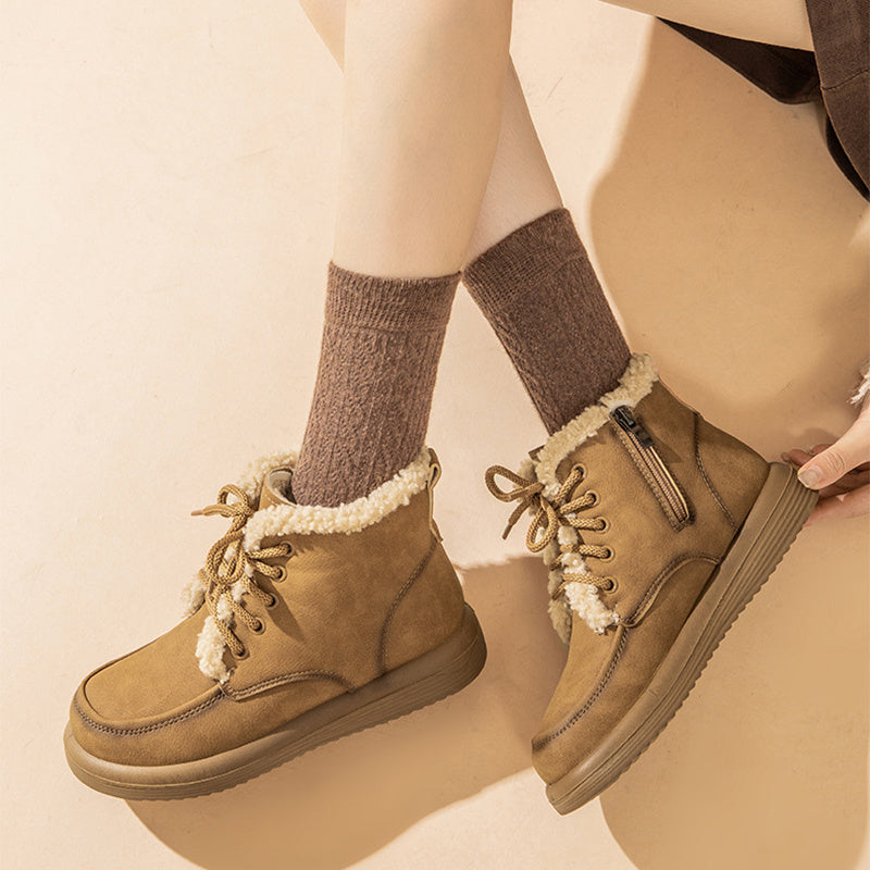 Lace-Up Plush Snow Boots Warm Fleece Flat