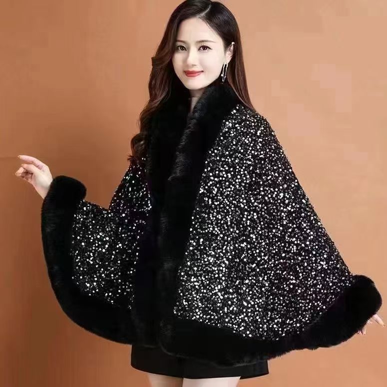 Fleece-Lined Thicken Big Fur Collar Sequined Shawl