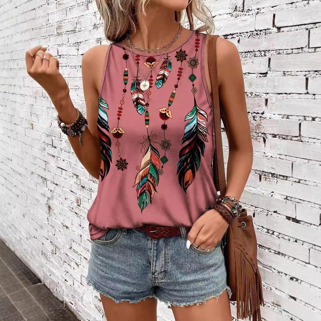 Women'S Feather Print Vest Summer Print